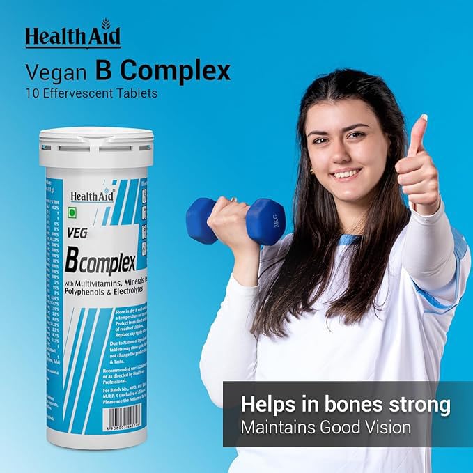 Image of Health Aid Veg B Complex - 30 Effervescent Tablets | Multivitamin, Minerals, Herbal Blend, Polyphenols & Electrolytes