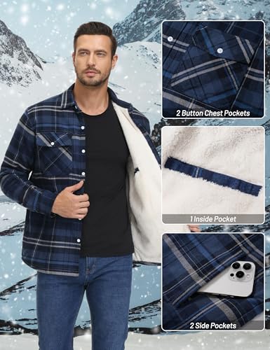 TACVASEN Mens Fleece Jackets Winter Work Jacket Lumberjack Jackets with Button Pockets Casual Checkered Shirts Blue Grey L - Image 4