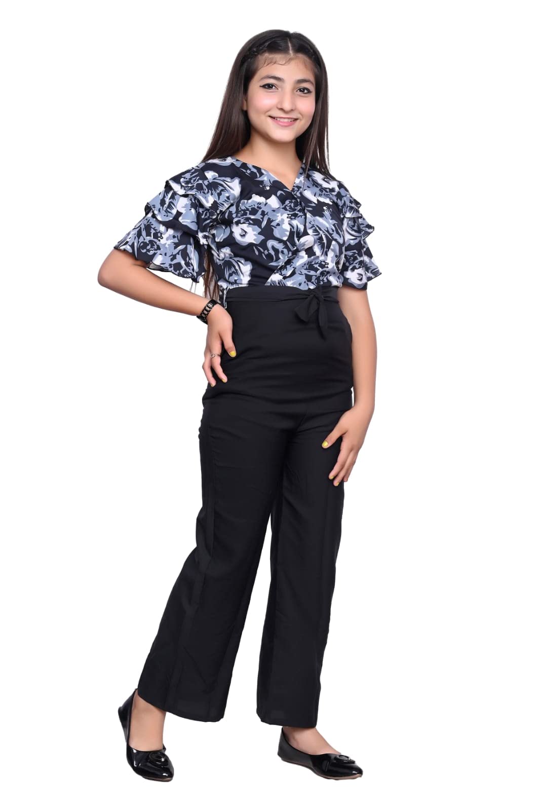 ORIEX THE ORIGINAL FASHION Girls Flared Sleeves Printed Jumpsuit-66 (15-16 years, Blue-Black, 1) 1