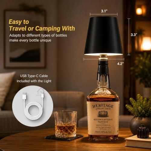 Image of ANKRI Wireless Bottle Lamp LED 3 Colour Light Battery Desk Dimming Night Light Indoor Portable for Cafe Restaurant Home Living Room | 15 cm | Black | Long Lasting Battery