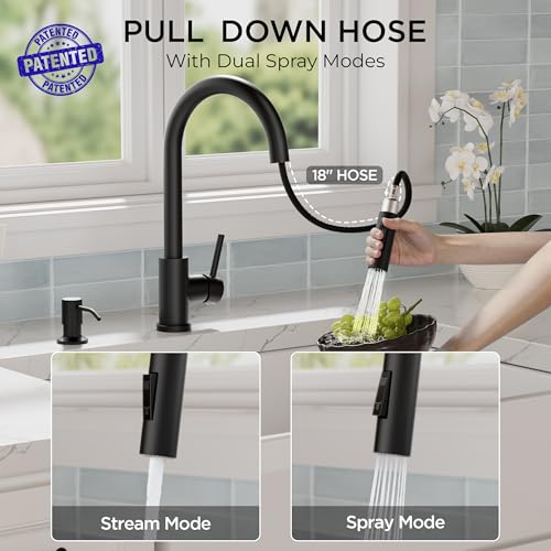 Image of FORIOUS Black Kitchen Faucet with Pull Down Sprayer, Modern Single Hole Kitchen Sink Faucet with Soap Dispenser, Deck Plate, Single Handle, High Arc Stainless Steel for RV Farmhouse Laundry Outdoor
