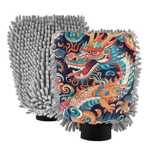 IOACIY Absorbent Microfiber Car Wash Drying Mitts, 2 Pack, Scratch-Free & Lint-Free, Rich Foam, Highly Absorbent, Double Sided, Wash Mitt Perfect for Car Washing, L, Chinese Dragon (6)