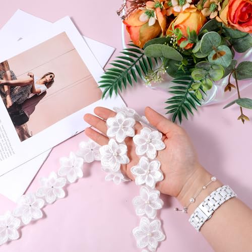 3 Yards Organza Flower Trims 3D Pearl Beads Lace Edge Trims Ribbon Vintage Edging Trimmings Fabric Embroidered Applique Floral Applique for Sewing DIY Crafts Wedding Dress Embellishment - Thumbnail 3