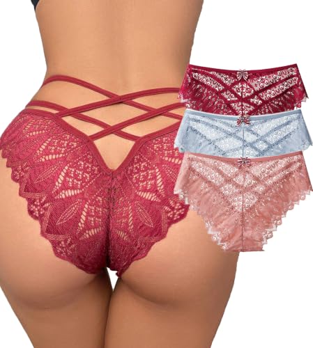 Image of Womens Sexy Thongs Lace Panties Underwear Low Rise Plus Size Underpants Pack of 1-3