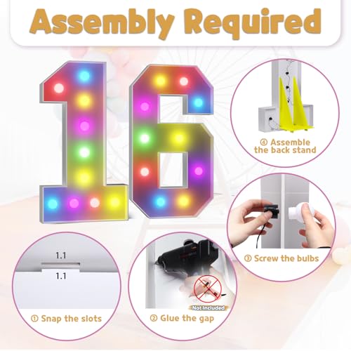 Image of Imprsv Colorful 4FT Marquee Numbers Light up Numbers 16 Birthday Decoration | RGB with Remote, Party Decorations Anniversary Wedding Decorations Assembly Required Foam Board 41 Pcs Accessory Set