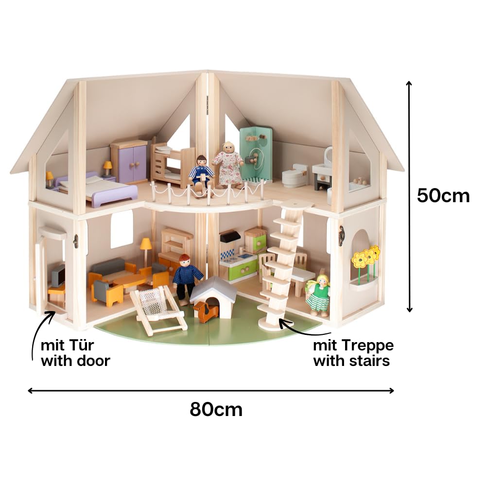 howa Casa delle bambole pieghevole in legno 7016, include 30 mobili, 4 bambole e cane, con 4 stanze, balcone, giardino, scale, casa delle bambole, naturale, beige
