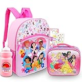 Disney Mochila princesa com conjunto de lancheira – Pacote com mochila branca de neve de 40,6 cm, lancheira, adesivos, garrafa de água, adesivos, mais | Mochila escolar de princesa Disney para meninas