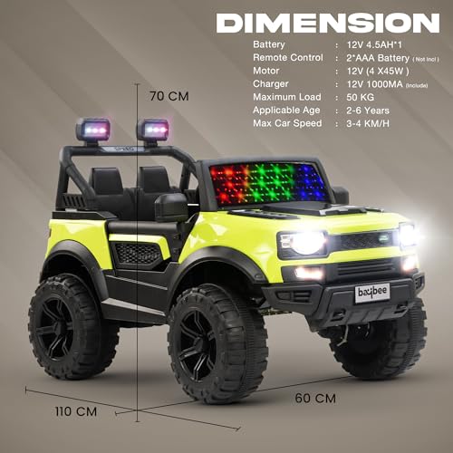 Image of Baybee Rover 4x4 Battery Operated Jeep for Kids, Ride on Toy Kid Car with RGB Windshield Light & Music | Baby Big Battery Cars | Electric Jeep Car for Kids to Drive 2 to 6 Years (Fluorescent Green)