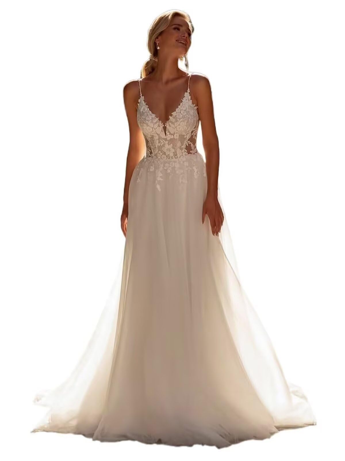 HUINI V-Ausschnitt Lange Hochzeitskleider für die Braut mit Spaghettiträgern Spitzenapplikationen und Tüll Brautkleid mit Schleppe