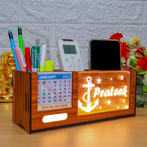 Image of stylish wooden pen stand | pen holder | desk organiser for office /study table with calendar &LED name light | customised personalised gift for men, women, girls - 3Box natural teek, brown