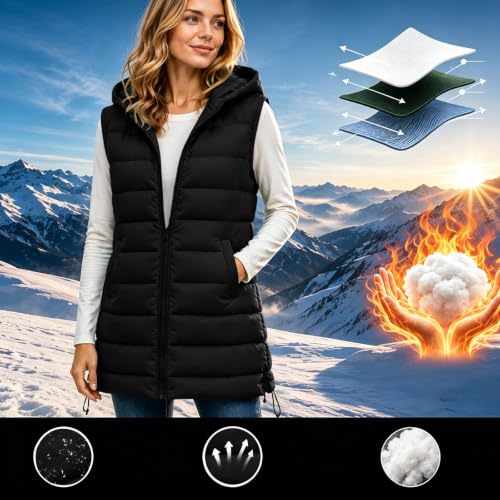 Hooded Puffer Vest for Women Long Quilted Full Zip Jacket with Pockets - image 4