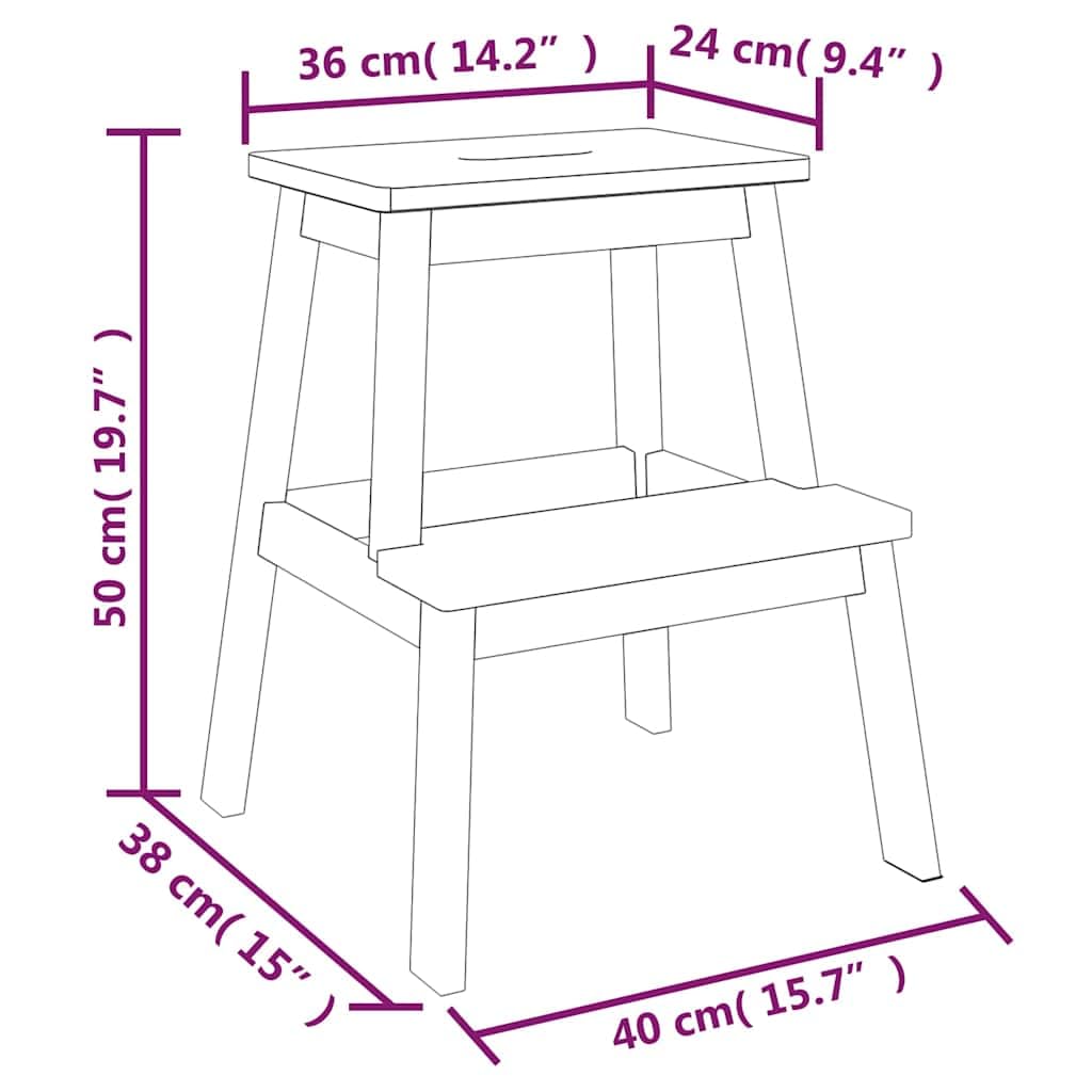 Taboret z 2 stopniami, 40 x 38 x 50 cm, lite drewno akacjowe, zajmuje mało miejsca, można układać w stos, idealny do kuchni, salonu, ogrodu, na kemping, balkon i imprezę, obciążenie do 160