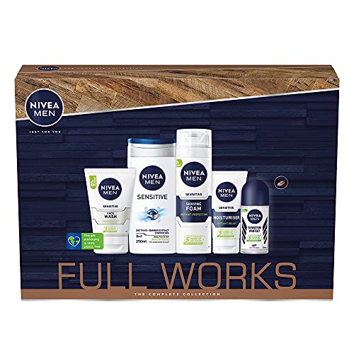 NIVEA MEN The Full Works Coffret cadeau (5 pièces) Sensitive Skin Men contient un déodorant en spray pleine taille, un nettoyant pour le visage, un baume après-rasage, une crème hydratante pour homme