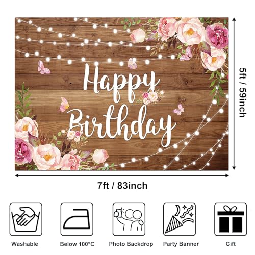 Avezano Pink Floral Birthday Backdrop for Women Rustic Wood Happy Birthday Party Background Watercolor Flower Butterfly Birthday Party Decorations Girls Adult Bday Banner, 7x5ft