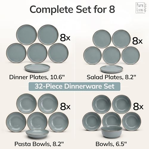 Image of Stoneware dinnerware set 8 persons Rustic 32 pcs - Rustic design dinnerware set, dishwasher safe - Bowl and plate set - Pure Living dinnerware in smoky blue