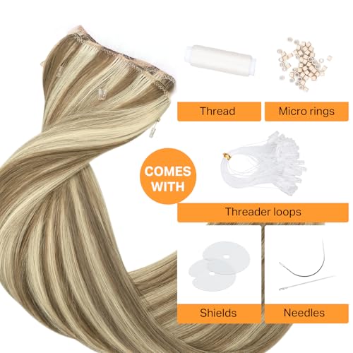 Image of DOORES Beaded Weft Hair Extensions Real Human Hair Straight, 24 Inch 120g Light Brown Highlight Medium Blone, Thick Ends Double Weft Bundles Hand Tied