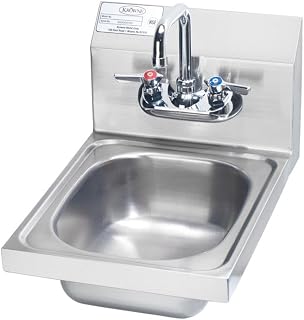 Krowne HS-9L Space Saver Hand Sink, Wall Mount, 12-1/2"W x 17-1/4"D x 13-3/8"H OA, 7-3/4"H backsplash, 9-3/4" Wide x 12-1/2" Front-to-Back x 5-5/8" deep Bowl, 4" OC Splash Mount gooseneck Faucet