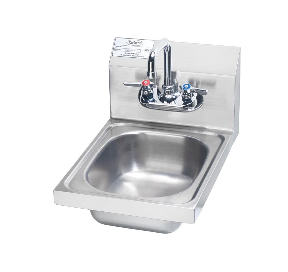 Krowne HS-9L Space Saver Hand Sink, Wall Mount, 12-1/2"W x 17-1/4"D x 13-3/8"H OA, 7-3/4"H backsplash, 9-3/4" Wide x 12-1/2" Front-to-Back x 5-5/8" deep Bowl, 4" OC Splash Mount gooseneck Faucet