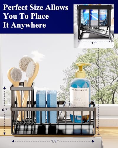 Kitsure Sponge Holder for Kitchen Sink - Rustproof Stainless Steel Sink Caddy Organization and Storage Essentials with High Brush Holder, Home Decor Accessories, 7.9" x 3.7" x 6.2", Black - Image 3