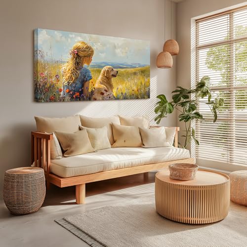 SERIMINO Portrait Animal Extra Large Wall Art, Meadow Landscape Wall Prints, Woman Golden Retriever Dog Canvas Paintings, Rustic Wall Decor Living Room Bedroom Dining Room Farmhouse Cottage 30"X60"