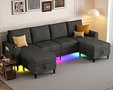 HYZQ Sectional Couches for Living Room, 4 Seat Sectional Sofa with Smart Module-Wireless Charging/USB/Type-C/RGB Light, U Shaped Couch with Reversible Chaise Lounge/Storage Ottoman (Dark Grey)