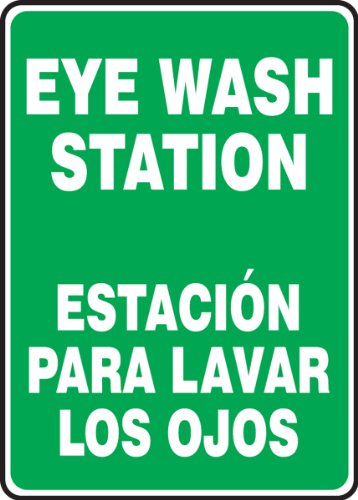 Accuform SBMFSD988VS Adhesive Vinyl Spanish Bilingual Sign, Legend "Eye WASH Station/ESTACION para Lavar Los OJOS", 14" Length x 10" Width x 0.004" Thickness, White on Green