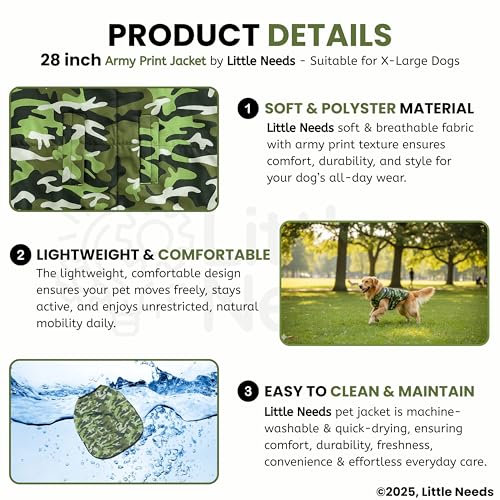 Image of Dog Jacket for Winter (Army Print, 28 Inch) | Camouflage Design, Waterproof & Windproof Polyster Coat with Fleece, Adjustable Velcro Closure, Warm Vest for Cold Weather