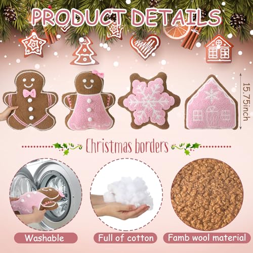 Image of HunnmingRe 4 Pcs Christmas Throw Pillows Fall Football Plush Pillows Winter Holiday Cushion Soft Decorative Cushions for Couch Bedroom Living Room Thanksgiving Xmas Decor(Pink,Gingerbread)
