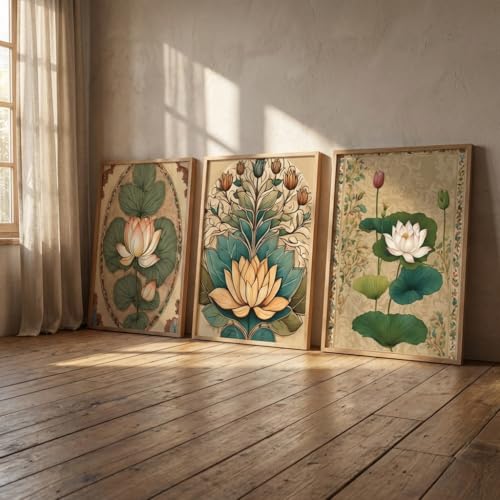 Image of Livin'luxe Set of 3 Lotus Floral Wall Paintings for Living Room Bedroom Home Decor with Premium Wooden Color Synthetic Frame, Traditional Botanical Art (13.5 x 19.5 Inch) NM03-57
