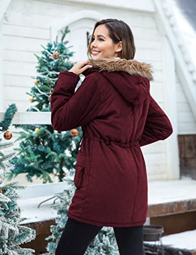 Beyove Womens Warm Faux Fur Removable Hood Winter Coats Parka Jackets Adjustable Drawstring Waist, Wine Red Small