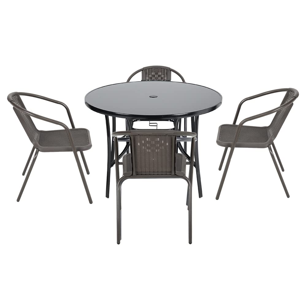 The Fellie Garden Furniture Set Outdoor Dining Table and Chairs Patio Tempered Glass Table Top with Umbrella Hole Wicker Stacking Chairs Seat（105cm Round Table+4PC Chair）