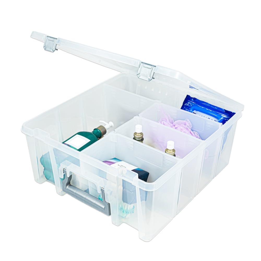 ArtBin AB Designs 6990ABD Super Satchel Double Deep with Removable Dividers, Stackable Home Storage Organization Container, Clear with Sliver Latches and Handle