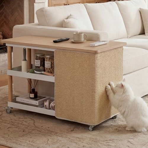 Narrow Side Table with Cat Scratch Furniture Protector 12.6 Wooden Sofa End Table Couch Protector From Cat Claws with Storage Cabinet & Wheels for Living Room with Cat Scratch Panel (Oak Right)