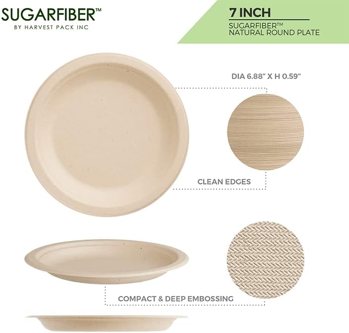 Harvest Pack GOURMET SHOWCASE [125 COUNT Sugarfiber 7-inch Round Disposable Compostable Paper Plates, Natural Bagasse Biodegradable Plate, Made From Eco-Friendly Plant Fibers