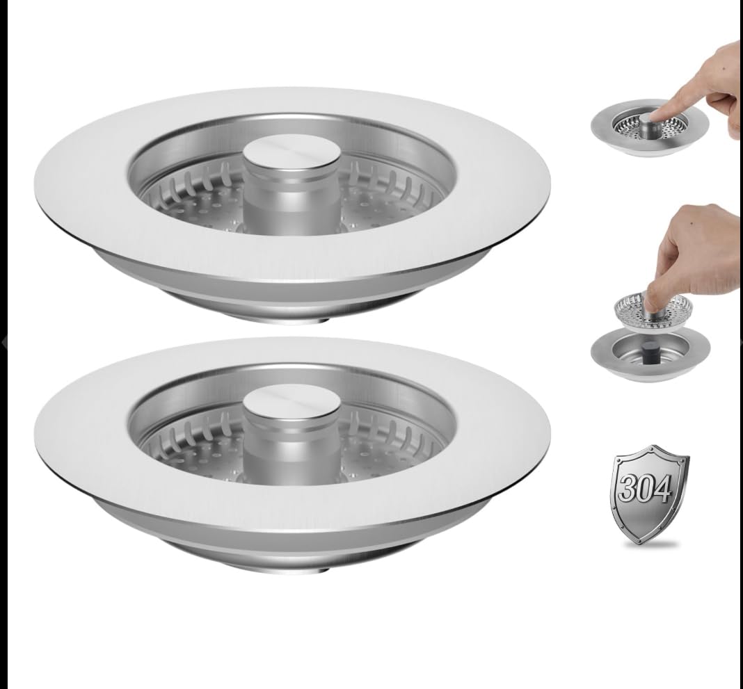 3 in 1 Kitchen Sink Plug, Kitchen Sink Strainer and Stopper,Stainless Steel, Kitchen sink strainer, Anti-Clogging, Universal Sink Strainer Combo,and Prevent Odors-Sinks Depth > 22mm (2 Pack)