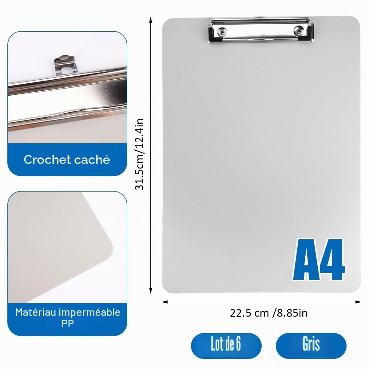 6 Pièces Porte Bloc A4 avec Pince,Clipboard Contenir 80 Feuilles A4 | Porte Documents en Plastique Résistant aux Chocs et à L'usure,Prancheta Grise Adapté aux Bureaux, écoles, Cliniques