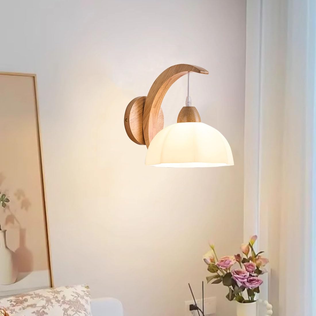 Applique Industriale da Parete con Paralume in Vetro e Base in Legno, Lampada Moderna per Camera da Letto, Soggiorno, Scale, corridoi, Sala da Pranzo e Loft (Anice Stellato)
