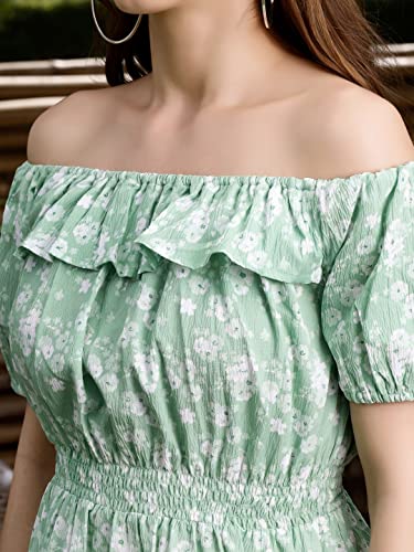 Image of SERA CLASSICS Women Green & White Floral Printed Off-Shoulder Dress