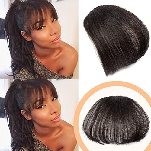 Clip in Thin Hair Bangs Human Hair Black Clip on Hair Fringe Extensions Flat Air Fringe for Women One-piece 5” Hairpiece #1B Off Black