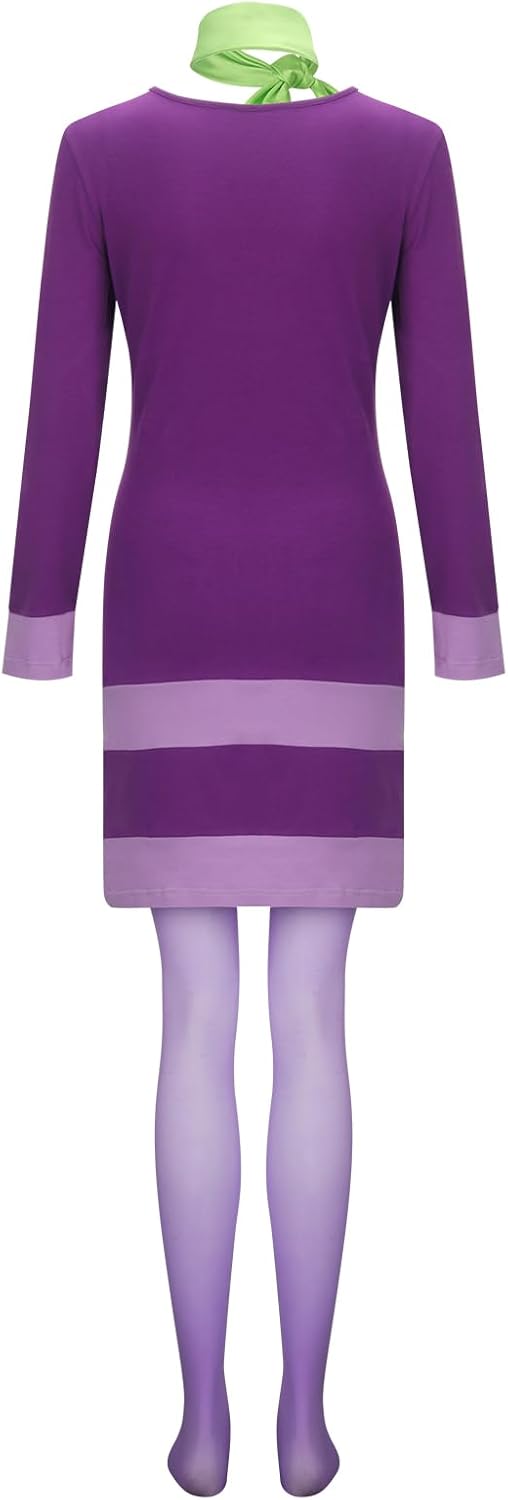 LINKOM Women's Long Sleeve Halloween Costume,Purple Bodycon Mini Dress with Wigs Headband Scarf Thigh High Socks - Image 7