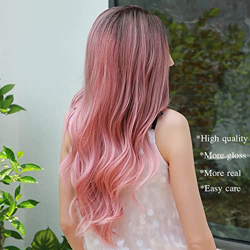 OUFEI Long Wavy Ombre Pink Wig for Women Natural Synthetic Hair Heat Resistant Ombre Wigs with Dark Roots for Daily Party Cosplay Wear - Image 3