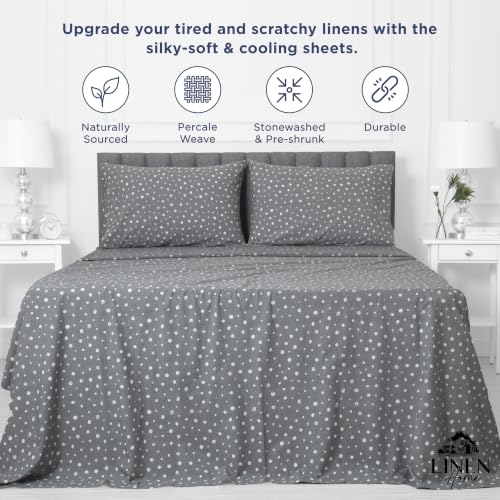 Image of Linen Home 100% Cotton Printed Percale Sheets Cal King Size Polka Charcoal