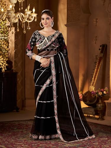 Image of Pandadi Saree Women's Net Embroidery Work Saree With Unstitched Blouse Piece