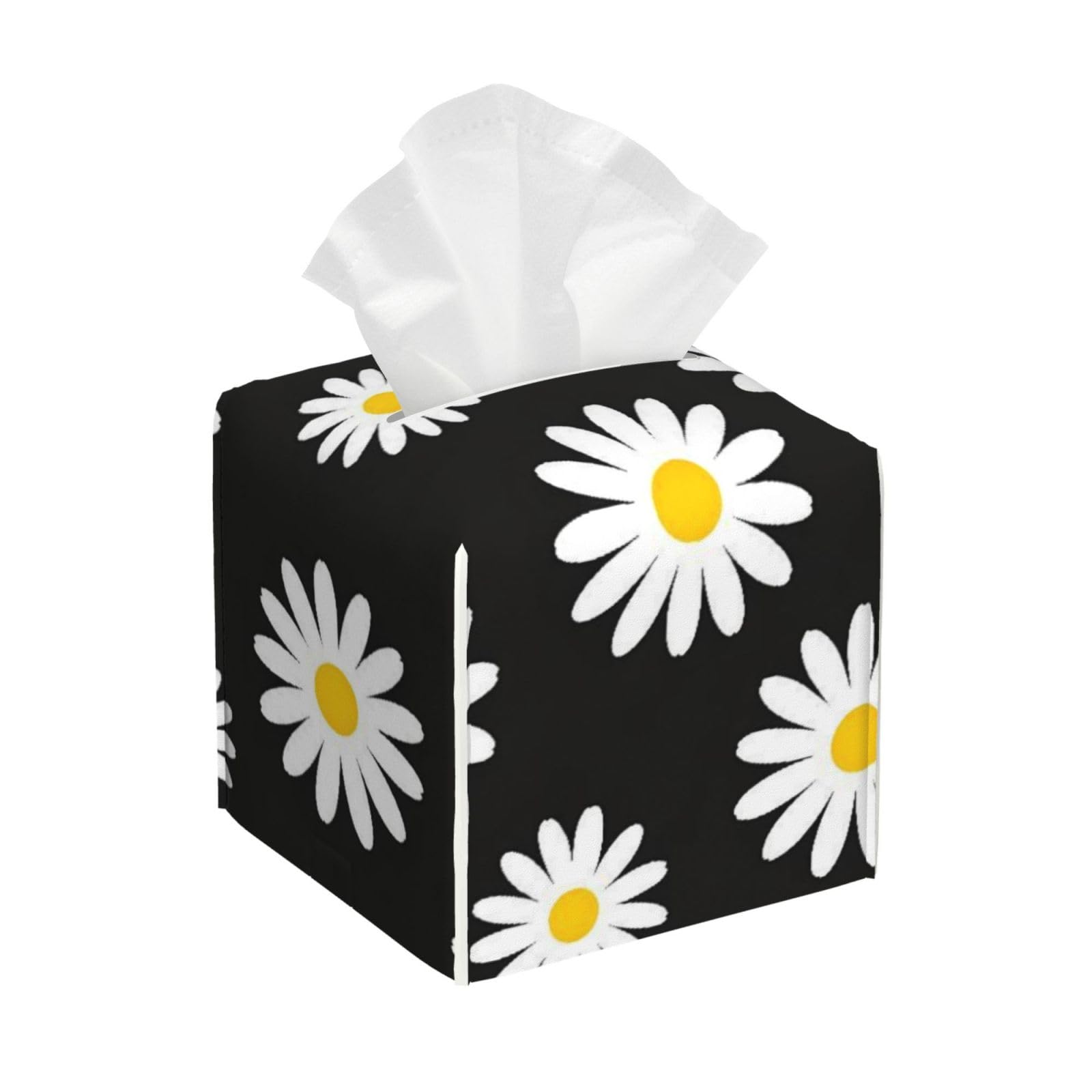 Floral Flowers Daisy Leather Tissue Box Cover Holder Square Facial Paper Organizer 5.2" X 5.2" X 5.2"