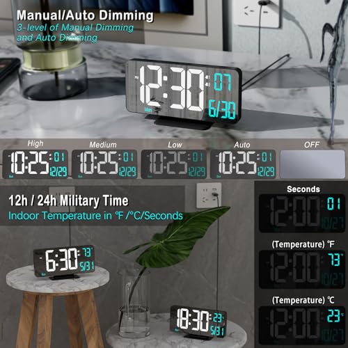 Image of KOSUMOSU Digital Alarm Clock 6.7in Black Clock for Bedroom, Dual Alarm, Date, Seconds,Day of Week,12 /24h,Dimming, Temp, Desk Clock, LED Clock for Living Room, Calendar Digital Clock