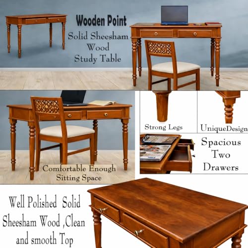 Image of Solid Sheesham Wood Two Drawer Study Table with Chair | Students Reading & Writing Table | Laptop & Work from Home Table (Honey Brown)