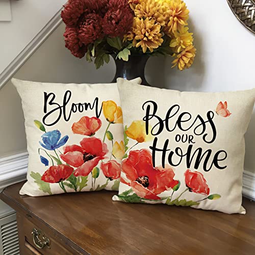 Fahrendom Floral Flowers Decorative Throw Pillow Covers 18 X 18 Set Of 4, Spring Summer Bless Our Home Sweet Home Porch Patio Outdoor Pillowcase Bloom Sofa Couch Cushion Case Home Decor #TOP6