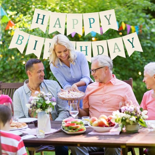 Image of Doumeny Happy Birthday Burlap Banner Boho Birthday Banner Garland Neutral Green Bohemian Party Bunting Flag Colorful Happy Birthday Sign Hanging Garland for Home Fireplace Nursery Party Backdrop Decor