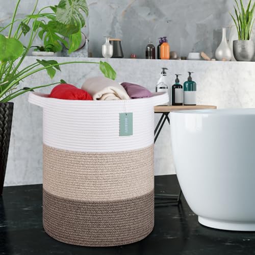Image of Cotton Rope Blanket Basket, 72L Laundry Hamper, White & Ombre Brown | 16 inchx 22 inch, Large Collapsible Woven Nursery Hamper with Sturdy Handles for Clothes Toys Towels, Bedroom Living Room Bathroom