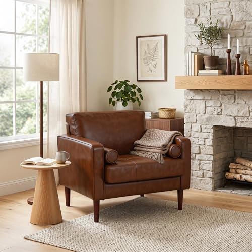 Image of Faux Leahter Accent Chair, Comfy Upholstered Armchairs for Living Room, Modern Bedroom Reading Seat with 2 Bolster Pillows, Brown